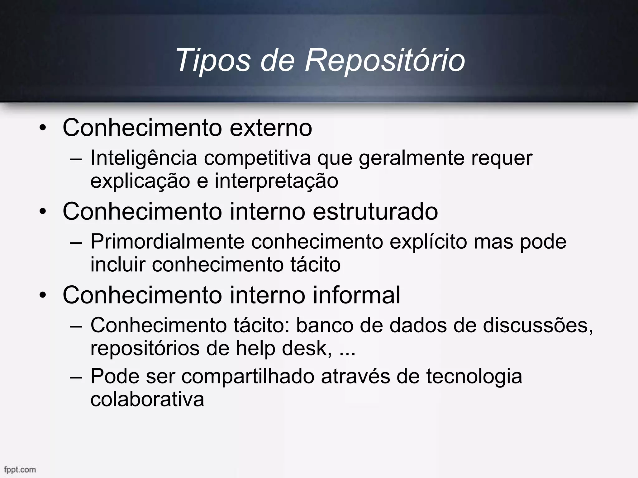 Tipos de Repositório
• Conhecimento externo
– Inteligência competitiva que geralmente requer
explicação e interpretação
• Conhecimento interno estruturado
– Primordialmente conhecimento explícito mas pode
incluir conhecimento tácito
• Conhecimento interno informal
– Conhecimento tácito: banco de dados de discussões,
repositórios de help desk, ...
– Pode ser compartilhado através de tecnologia
colaborativa
 