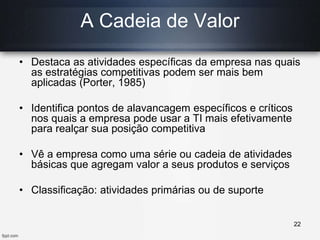 • Destaca as atividades específicas da empresa nas quais
as estratégias competitivas podem ser mais bem
aplicadas (Porter, 1985)
• Identifica pontos de alavancagem específicos e críticos
nos quais a empresa pode usar a TI mais efetivamente
para realçar sua posição competitiva
• Vê a empresa como uma série ou cadeia de atividades
básicas que agregam valor a seus produtos e serviços
• Classificação: atividades primárias ou de suporte
A Cadeia de Valor
22
 
