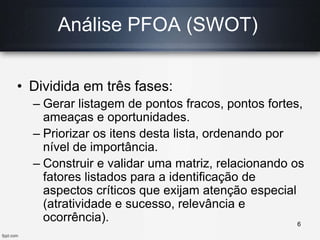 Análise PFOA (SWOT)
• Dividida em três fases:
– Gerar listagem de pontos fracos, pontos fortes,
ameaças e oportunidades.
– Priorizar os itens desta lista, ordenando por
nível de importância.
– Construir e validar uma matriz, relacionando os
fatores listados para a identificação de
aspectos críticos que exijam atenção especial
(atratividade e sucesso, relevância e
ocorrência). 6
 