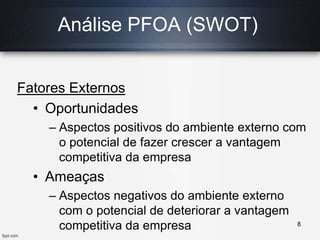 Análise PFOA (SWOT)
Fatores Externos
• Oportunidades
– Aspectos positivos do ambiente externo com
o potencial de fazer crescer a vantagem
competitiva da empresa
• Ameaças
– Aspectos negativos do ambiente externo
com o potencial de deteriorar a vantagem
competitiva da empresa 8
 