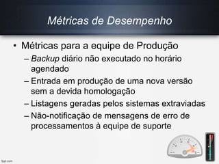Métricas de Desempenho
• Métricas para a equipe de Produção
– Backup diário não executado no horário
agendado
– Entrada em produção de uma nova versão
sem a devida homologação
– Listagens geradas pelos sistemas extraviadas
– Não-notificação de mensagens de erro de
processamentos à equipe de suporte
 