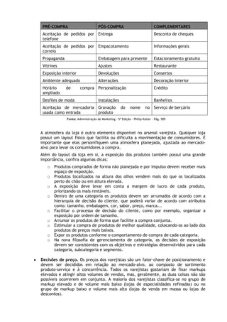 PRÉ-COMPRA

PÓS-COMPRA

COMPLEMENTARES

Aceitação de pedidos por Entrega
telefone

Desconto de cheques

Aceitação de pedidos por Empacotamento
correio

Informações gerais

Propaganda

Embalagem para presente

Estacionamento gratuito

Vitrines

Ajustes

Restaurante

Exposição interior

Devoluções

Consertos

Ambiente adequado

Alterações

Decoração interior

Horário
ampliado

de

Desfiles de moda

compra Personalização

Crédito

Instalações

Aceitação de mercadoria Gravação
usada como entrada
produto

Banheiros
do

nome

no Serviço de berçário

Fonte: Administração de Marketing - 5ª Edição – Philip Kotler – Pág. 505

A atmosfera da loja é outro elemento disponível no arsenal varejista. Qualquer loja
possui um layout físico que facilita ou dificulta a movimentação de consumidores. É
importante que elas personifiquem uma atmosfera planejada, ajustada ao mercadoalvo para levar os consumidores a compra.
Além do layout da loja em si, a exposição dos produtos também possui uma grande
importância, confira algumas dicas:
o
o
o
o
o
o
o
o
o

Produtos comprados de forma não planejada e por impulso devem receber mais
espaço de exposição.
Produtos localizados na altura dos olhos vendem mais do que os localizados
perto do chão ou em altura elevada.
A exposição deve levar em conta a margem de lucro de cada produto,
priorizando os mais rentáveis.
Dentro de uma categoria os produtos devem ser arrumados de acordo com a
hierarquia de decisão do cliente, que poderá variar de acordo com atributos
como: tamanho, embalagem, cor, sabor, preço, marca...
Facilitar o processo de decisão do cliente, como por exemplo, organizar a
exposição por ordem de tamanho.
Arrumar os produtos de forma que facilite a compra conjunta.
Estimular a compra de produtos de melhor qualidade, colocando-os ao lado dos
produtos de preços mais baixos.
Expor os produtos conforme o comportamento de compra de cada categoria.
Na nova filosofia de gerenciamento de categoria, as decisões de exposição
devem ser consistentes com os objetivos e estratégias desenvolvidos para cada
categoria, subcategoria e segmento.

Decisões de preço. Os preços dos varejistas são um fator-chave de posicionamento e
devem ser decididos em relação ao mercado-alvo, ao composto de sortimento
produto-serviço e à concorrência. Todos os varejistas gostariam de fixar markups
elevados e atingir altos volumes de vendas, mas, geralmente, as duas coisas não são
possíveis ocorrerem em conjunto. A maioria dos varejistas classifica-se no grupo de
markup elevado e de volume mais baixo (lojas de especialidades refinadas) ou no
grupo de markup baixo e volume mais alto (lojas de venda em massa ou lojas de
descontos).

 
