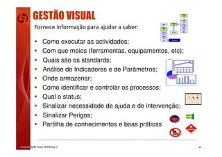4
GESTÃO VISUAL
Fornece informação para ajudar a saber:
 Como executar as actividades;
 Com que meios (ferramentas, equipamentos, etc);
 Quais são os standards;
 Análise de Indicadores e de Parâmetros;
 Onde armazenar;
 Como identificar e controlar os processos;
 Qual o status;
 Sinalizar necessidade de ajuda e de intervenção;
 Sinalizar Perigos;
 Partilha de conhecimentos e boas práticas
 
