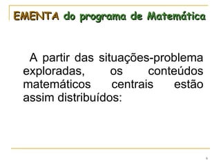 EMENTA  do programa de Matemática A partir das situações-problema exploradas, os conteúdos matemáticos centrais estão assim distribuídos: 