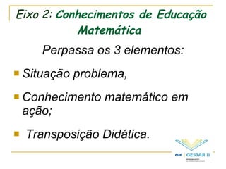 Eixo 2:  Conhecimentos de Educação Matemática Perpassa os 3 elementos:  Situação problema, Conhecimento matemático em ação; Transposição Didática. 