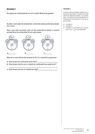 Atividades de Apoio à Aprendizagem 3
de Matemática
Unidade 3 ■ Aula
83
Atividade 4
No tanque de combustível de um carro cabem 40 litros de gasolina.
Ao olhar o marcador de combustível, o motorista sabe quando deve abaste-
cer o carro.
Veja o que está marcando cada um dos mostradores abaixo e escreva
quantos litros de combustível há em cada tanque.
A________ B________ C________
Observe os marcadores dos tanques A, B e C e responda às perguntas:
a) Qual tanque de combustível está cheio? _______________________
b) Qual tanque está só com a metade de combustível que poderia ter?
_______________________________________________________
c) Qual tanque precisa ser abastecido logo?______________________
Atividade 4
O objetivo dessa atividade é trabalhar com a
leitura de capacidades, indicadas de formas
diferentes daquelas indicadas nas embala-
gens: o mostrador da bomba de gasolina e o
mostrador de combustível do carro são al-
gumas delas.
a) marcador B
b) marcador C
c) marcador A, pois indica que o tanque
está só com da sua capacidade.
3
1
4
 