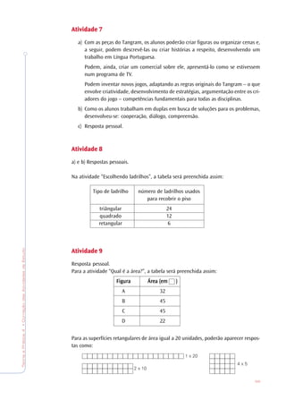 TeoriaePrática4•CorreçãodasAtividadesdeEstudo
99
AtividadeAtividadeAtividadeAtividadeAtividade 77777
a) Com as peças do Tangram, os alunos poderão criar figuras ou organizar cenas e,
a seguir, podem descrevê-las ou criar histórias a respeito, desenvolvendo um
trabalho em Língua Portuguesa.
Podem, ainda, criar um comercial sobre ele, apresentá-lo como se estivessem
num programa de TV.
Podem inventar novos jogos, adaptando as regras originais do Tangram – o que
envolve criatividade, desenvolvimento de estratégias, argumentação entre os cri-
adores do jogo – competências fundamentais para todas as disciplinas.
b) Como os alunos trabalham em duplas em busca de soluções para os problemas,
desenvolveu-se: cooperação, diálogo, compreensão.
c) Resposta pessoal.
AtividadeAtividadeAtividadeAtividadeAtividade 88888
a) e b) Respostas pessoais.
Na atividade “Escolhendo ladrilhos”, a tabela será preenchida assim:
Tipo de ladrilho número de ladrilhos usados
para recobrir o piso
triângular 24
quadrado 12
retangular 6
AtividadeAtividadeAtividadeAtividadeAtividade 99999
Resposta pessoal.
Para a atividade “Qual é a área?”, a tabela será preenchida assim:
FFFFFiguraiguraiguraiguraigura ÁrÁrÁrÁrÁrea (em )ea (em )ea (em )ea (em )ea (em )
A 32
B 45
C 45
D 22
Para as superfícies retangulares de área igual a 20 unidades, poderão aparecer respos-
tas como:
1 x 20
2 x 10
4 x 5
 