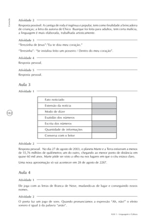 AAA 1 - Linguagem e Cultura
182
Correção
Aula 3
Atividade 1
Resposta pessoal. No dia 27 de agosto de 2003, o planeta Marte e a Terra estiveram a menos
de 55,76 milhões de quilômetros um do outro, chegando ao menor ponto de distância em
quase 60 mil anos. Marte pôde ser visto a olho nu nos lugares em que o céu estava claro.
Uma nova aproximação só vai acontecer em 28 de agosto de 2287.
Atividade 2
Fato noticiado
Extensão da notícia
Modo de dizer
Exatidão dos números
Escrita dos números
Quantidade de informações
Conversa com o leitor
Atividade 2
Atividade 3
Atividade 4
Atividade 5
Resposta possível: A cantiga de roda é ingênua e popular, tem como finalidade a brincadeira
de crianças; a letra da autoria de Chico Buarque foi feita para adultos, tem certa malícia,
a linguagem é mais elaborada, trabalhada artisticamente.
“Terezinha de Jesus”:”Eu te dou meu coração.”
“Teresinha”: “Se instalou feito um posseiro / Dentro do meu coração”.
Resposta pessoal.
Resposta pessoal.
Aula 4
Ele joga com as letras de Branca de Neve, mudando-as de lugar e conseguindo novos
nomes.
O poeta faz um jogo de sons. Quando pronunciamos a expressão “Ah, não!” o efeito
sonoro é igual à da palavra “anão”.
Atividade 1
Atividade 2
 