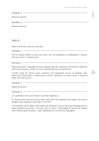 55
Variantes lingüísticas: dialetos e registros
Unidade1
Atividade 3
Resposta pessoal.
Atividade 4
Resposta pessoal.
Aula 8
Atividade 1
Não há registro melhor ou pior que outro, mas sim adequado ou inadequado à situação
em que ocorre a comunicação.
Idéia central das respostas esperadas:
Atividade 2
Resposta pessoal. Linguagem correta é aquela capaz de comunicar com eficácia, mediante
uma certa intenção e tendo em vista determinado tipo de interlocutor.
“Careta” pode ser, dentre outras respostas: usar linguagem arcaica ou pedante; falar
difícil para impressionar o interlocutor ou leitor; pronunciar as frases como se estivesse
lendo um texto escrito.
Atividade 4
a) A gramática serve para manter as formas lingüísticas.
b) “Assim como você não precisa saber tudo sobre seu esqueleto para andar, não precisa
também saber gramática para falar e escrever”.
c) Certamente Darcy Ribeiro discordaria da afirmação, pois acredita que ninguém precisa
saber gramática para falar e escrever; ele se refere à capacidade do locutor de manter
uma comunicação eficiente, o que independe da correção da linguagem.
Atividade 3
Resposta pessoal.
 