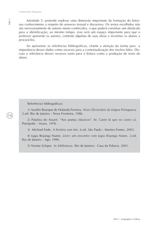 AAA 1 - Linguagem e Cultura
74
Comparando linguagens
Aula5
Atividade 5: pretende explorar uma dimensão importante da formação do leitor:
seu conhecimento a respeito do universo textual e discursivo. Os textos escolhidos não
são necessariamente de autores muito conhecidos, o que poderá constituir um obstáculo
para a identificação; ao mesmo tempo, esse será um espaço importante para que o
professor apresente os autores, comente algumas de suas obras e incentive os alunos a
procurá-los.
Ao apresentar as referências bibliográficas, chame a atenção da turma para a
importância desses dados como recursos para a contextualização dos trechos lidos. Dis-
cuta a relevância desses recursos tanto para a leitura como a produção de texto do
aluno.
Referências bibliográficas:
1) Aurélio Buarque de Holanda Ferreira. Novo Dicionário da Língua Portuguesa.
2.ed. Rio de Janeiro : Nova Fronteira, 1986.
2) Patativa do Assaré. “Aos poetas clássicos”. In: Cante lá que eu canto cá.
Petrópolis : Vozes, 1978.
3) Michael Ende. A história sem fim. 6.ed. São Paulo : Martins Fontes, 2003.
4) Lygia Bojunga Nunes. Livro: um encontro com Lygia Bojunga Nunes. 2.ed.
Rio de Janeiro : Agir, 1990.
5) Norma Schiper. As bibliotecas. Rio de Janeiro: Casa da Palavra, 2001.
 