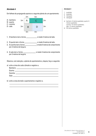 Atividades de Apoio à Aprendizagem 3
de Matemática
Unidade 2 ■ Aula
55
Atividade 4
Em folheto de propaganda aparece a seguinte planta de um apartamento:
A - banheiro
B - quarto
C - cozinha
D - sala
1. O banheiro tem a forma ____________ e mede 2 metros de lado.
2. O quarto tem a forma ______________ e mede 3 metros de lado.
3. A cozinha tem a forma _____________ e mede 5 metros de comprimento
por 2 metros de largura.
4. A sala tem a forma ______________ e mede 4 metros de comprimento
por 3 metros de largura.
Observe, com atenção, a planta do apartamento e, depois, faça o seguinte:
a) ache a área de cada cômodo e registre-a.
Banheiro: _______________________________________________
Quarto: _________________________________________________
Cozinha: ________________________________________________
Sala: ___________________________________________________
b) ache a área de todo o apartamento e registre-a.
_______________________________________________________
_______________________________________________________
4
A C
B D
2m 5m
2m
3m
4m3m
3m
2m
Atividade 4
1. quadrada
2. quadrada
3. retangular
4. retangular
a) banheiro: 4 metros quadrados; quarto: 9
metros quadrados;
cozinha: 10 metros quadrados;
sala: 12 metros quadrados
b) 35 metros quadrados
 