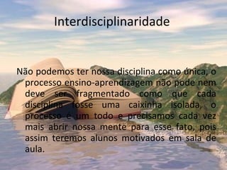 Interdisciplinaridade  Não podemos ter nossa disciplina como única, o processo ensino-aprendizagem não pode nem deve ser fragmentado como que cada disciplina fosse uma caixinha isolada, o processo é um todo e precisamos cada vez mais abrir nossa mente para esse fato, pois assim teremos alunos motivados em sala de aula. 