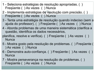 1 - Seleciona estratégias de resolução apropriadas. ( )
Freqüente ( ) As vezes ( ) Nunca
2 - Implementa estratégias de resolução com precisão. ( )
Freqüente ( ) As vezes ( ) Nunca
3 - Tenta uma estratégia de resolução quando indeciso (sem a
ajuda do professor). ( ) Freqüente ( ) As vezes ( ) Nunca
4 - Aborda problemas de uma maneira sistemática (clarifica a
questão, identifica os dados necessários,
planifica, resolve e verifica). ( ) Freqüente ( ) As vezes ( )
Nunca
5 - Mostra gosto pela resolução de problemas. ( ) Freqüente (
) As vezes ( ) Nunca
6 - Demonstra auto-confiança. ( ) Freqüente ( ) As vezes ( )
Nunca
7 - Mostra perseverança na resolução de problemas. ( )
Freqüente ( ) As vezes ( ) Nunca
 