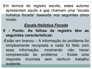 Em termos do registro escrito, estes autores
apresentam aquilo a que chamam uma “escala
holística focada” baseada nos seguintes cinco
níveis:
Escala Holística Focada
0 - Ponto: As folhas de registro têm as
seguintes características:
-Estão em branco; - A informação do problema foi
simplesmente recopiada e nada foi feito com
essa informação, mostrando não haver
compreensão do problema; - Existe uma
resposta incorreta sem nenhum trabalho
evidente.
 