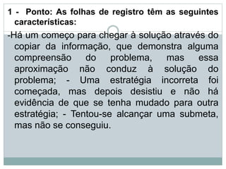 1 - Ponto: As folhas de registro têm as seguintes
características:
-Há um começo para chegar à solução através do
copiar da informação, que demonstra alguma
compreensão do problema, mas essa
aproximação não conduz à solução do
problema; - Uma estratégia incorreta foi
começada, mas depois desistiu e não há
evidência de que se tenha mudado para outra
estratégia; - Tentou-se alcançar uma submeta,
mas não se conseguiu.
 