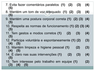 7. Evita fazer comentários paralelos (1) (2) (3) (4)
(5)
8. Mantém um tom de voz adequado (1) (2) (3) (4)
(5)
9. Mantém uma postura corporal correta (1) (2) (3) (4)
(5)
10. Respeita as normas de funcionamento (1) (2) (3) (4)
(5)
11. Tem gestos e modos corretos (1) (2) (3) (4)
(5)
12. Participa voluntária e espontaneamente (1) (2) (3)
(4) (5)
13. Mantém limpeza e higiene pessoal (1) (2) (3)
(4) (5)
14. É claro nas suas intervenções (1) (2) (3) (4)
(5)
15. Tem interesse pelo trabalho em equipe (1) (2)
(3) (4) (5)
 