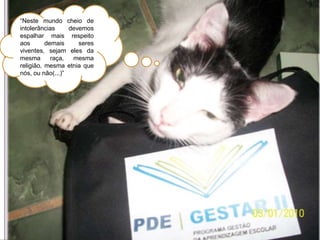 “Neste mundo cheio de intolerâncias devemos espalhar mais respeito aos demais seres viventes, sejam eles da mesma raça, mesma religião, mesma etnia que nós, ou não(...)”