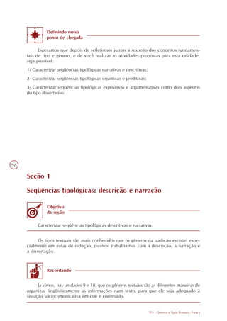 Definindo nosso
               ponto de chegada

           Esperamos que depois de refletirmos juntos a respeito dos conceitos fundamen-
     tais de tipo e gênero, e de você realizar as atividades propostas para esta unidade,
     seja possível:
     1- Caracterizar seqüências tipológicas narrativas e descritivas;
     2- Caracterizar seqüências tipológicas injuntivas e preditivas;
     3- Caracterizar seqüências tipológicas expositivas e argumentativas como dois aspectos
     do tipo dissertativo.




98

     Seção 1

     Seqüências tipológicas: descrição e narração

               Objetivo
               da seção

          Caracterizar seqüências tipológicas descritivas e narrativas.


           Os tipos textuais são mais conhecidos que os gêneros na tradição escolar, espe-
     cialmente em aulas de redação, quando trabalhamos com a descrição, a narração e
     a dissertação.



               Recordando


           Já vimos, nas unidades 9 e 10, que os gêneros textuais são as diferentes maneiras de
     organizar lingüisticamente as informações num texto, para que ele seja adequado à
     situação sociocomunicativa em que é construído.


                                                                        TP3 - Gêneros e Tipos Textuais - Parte I
 