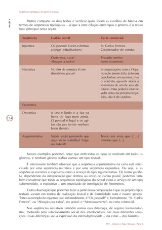 Seqüências tipológicas em gêneros textuais
Secção 2




                Vamos comparar os dois textos e verificar quais foram as escolhas de Marisa em
           termos de seqüências tipológicas – já que a inter-relação entre tipos e gêneros é o nosso
           foco principal nesta seção.

              Seqüência                     Cartão postal                  Carta comercial

              Injuntiva                     Oi, pessoal! Carlos e demais   Sr. Carlos Ferreira
                                            colegas trabalhadores!         Coordenador de vendas

                                            Curte essa, cara!              Prezado senhor
                                            Abraços a todos!               Atenciosamente,

              Narrativa                     No fim de semana tô me         as negociações com a Orga-
                                            divertindo pacas!              nização Jasmin Ltda. já foram
                                                                           concluídas com sucesso, mas
                                                                           o contrato aguarda ainda a
                                                                           assinatura de um de seus di-
                                                                           retores. Não poderei estar de
                                                                           volta antes da próxima terça-
                                                                           feira, dia 8 de outubro.

              Expositiva

              Descritiva                    o céu é lindo e a lua na
                                            beira do lago mais ainda.
154
                                            O pessoal é legal e os agi-
                                            tos são pra turista nenhum
                                            botar defeito.

              Argumentativa                 Vocês estão pensando que       Tendo em vista que [ ...]
                                            aqui só se trabalha? Enga-     informo que [...]
                                            no federal!


                Nesses exemplos podemos notar que nem todos os tipos se realizam em todos os
           gêneros, e nenhum gênero realiza apenas um tipo textual.
                 É interessante também observar que a seqüência argumentativa na carta está inter-
           calada por uma seqüência narrativa e por uma seqüência expositiva. Ou seja, aí as
           seqüências narrativa e expositiva estão a serviço do tipo argumentativo. De forma parale-
           la, dependendo da interpretação que dermos ao envio do cartão postal, podemos tam-
           bém considerar que todas as seqüências tipológicas do postal estão a serviço de um tipo
           subentendido, o expositivo – um enunciado de interligação de fenômenos.
                 Outra observação que podemos fazer a partir dessa comparação é que os próprios tipos
           textuais variam em termos de realização lexical e de formalidade num e noutro gênero.
           Temos o exemplo do injuntivo que, informalmente, é “Oi, pessoal!” e, formalmente, “Sr. Carlos
           Ferreira”; ou “Abração pra todos”, no postal; e “Atenciosamente”, na carta comercial.
                Nas seqüências narrativas também vemos essa diferença, de registro formal/infor-
           mal, motivada pelo relacionamento social dos interlocutores nas duas diferentes situa-
           ções. Essas diferenças são a expressão da intersubjetividade – ou estilo – dos falantes.

                                                                               TP3 - Gêneros e Tipos Textuais - Parte I
 