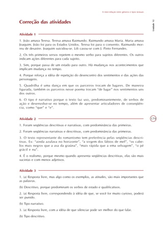 A inter-relação entre gêneros e tipos textuais




                                                                                                             Unidade 12
Correção das atividades

Atividade 1
1. João amava Teresa. Teresa amava Raimundo. Raimundo amava Maria. Maria amava
Joaquim. João foi para os Estados Unidos. Teresa foi para o convento. Raimundo mor-
reu de desastre. Joaquim suicidou-se. Lili casou-se com J. Pinto Fernandes.
2. Os três primeiros versos repetem o mesmo verbo para sujeitos diferentes. Os outros
indicam ações diferentes para cada sujeito.
3. Sim, porque passa de um estado para outro. Há mudanças nos acontecimentos que
implicam mudança no tempo.
4. Porque reforça a idéia de repetição do desencontro dos sentimentos e das ações das
personagens.
5. Quadrilha é uma dança em que os parceiros trocam de lugares. De maneira
figurada, também os parceiros nesse poema trocam “de lugar” nos sentimentos uns
dos outros.
6. O tipo é narrativo porque o texto faz uso, predominantemente, de verbos de
ação e desenvolve-se no tempo, além de apresentar articuladores de conseqüên-
cia, como “que” e “e”.


Atividade 2                                                                                                 179
1. Foram seqüências descritivas e narrativas, com predominância das primeiras.
2. Foram seqüências narrativas e descritivas, com predominância das primeiras.
3. O texto representante do romantismo tem preferência pelas seqüências descri-
tivas. Ex: “ainda azulava no horizonte”, “a virgem dos lábios de mel”, “os cabe-
los mais negros que a asa da graúna”, “mais rápida que a ema selvagem”, “o pé
grácil e nu”.
4. É o realismo, porque mesmo quando apresenta seqüências descritivas, elas são mais
sucintas e com menos adjetivos.


Atividade 3
1. (a) Resposta livre, mas algo como os exemplos, as atitudes, são mais importantes que
as palavras.
(b) Descritivo, porque predominam os verbos de estado e qualificativos.
2. (a) Resposta livre, correspondendo à idéia de que, se você for muito curioso, poderá
ser punido.
(b) Tipo narrativo.
3. (a) Resposta livre, com a idéia de que silenciar pode ser melhor do que falar.
(b) Tipo descritivo.
 