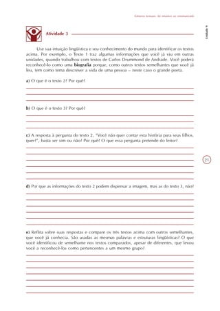 Gêneros textuais: do intuitivo ao sistematizado




                                                                                                            Unidade 9
          Atividade 3


      Use sua intuição lingüística e seu conhecimento do mundo para identificar os textos
acima. Por exemplo, o Texto 1 traz algumas informações que você já viu em outras
unidades, quando trabalhou com textos de Carlos Drummond de Andrade. Você poderá
reconhecê-lo como uma biografia porque, como outros textos semelhantes que você já
leu, tem como tema descrever a vida de uma pessoa – neste caso o grande poeta.

a) O que é o texto 2? Por quê?




b) O que é o texto 3? Por quê?




c) A resposta à pergunta do texto 2, “Você não quer contar esta história para seus filhos,
quer?”, basta ser sim ou não? Por quê? O que essa pergunta pretende do leitor?



                                                                                                            21




d) Por que as informações do texto 2 podem dispensar a imagem, mas as do texto 3, não?




e) Reflita sobre suas respostas e compare os três textos acima com outros semelhantes,
que você já conhecia. São usadas as mesmas palavras e estruturas lingüísticas? O que
você identificou de semelhante nos textos comparados, apesar de diferentes, que levou
você a reconhecê-los como pertencentes a um mesmo grupo?
 