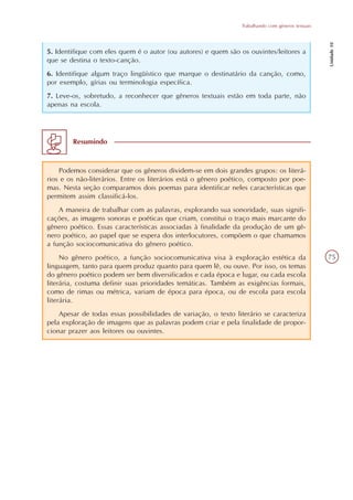 Trabalhando com gêneros textuais




                                                                                                   Unidade 10
5. Identifique com eles quem é o autor (ou autores) e quem são os ouvintes/leitores a
que se destina o texto-canção.
6. Identifique algum traço lingüístico que marque o destinatário da canção, como,
por exemplo, gírias ou terminologia específica.
7. Leve-os, sobretudo, a reconhecer que gêneros textuais estão em toda parte, não
apenas na escola.




        Resumindo



    Podemos considerar que os gêneros dividem-se em dois grandes grupos: os literá-
rios e os não-literários. Entre os literários está o gênero poético, composto por poe-
mas. Nesta seção comparamos dois poemas para identificar neles características que
permitem assim classificá-los.
    A maneira de trabalhar com as palavras, explorando sua sonoridade, suas signifi-
cações, as imagens sonoras e poéticas que criam, constitui o traço mais marcante do
gênero poético. Essas características associadas à finalidade da produção de um gê-
nero poético, ao papel que se espera dos interlocutores, compõem o que chamamos
a função sociocomunicativa do gênero poético.
     No gênero poético, a função sociocomunicativa visa à exploração estética da                   75
linguagem, tanto para quem produz quanto para quem lê, ou ouve. Por isso, os temas
do gênero poético podem ser bem diversificados e cada época e lugar, ou cada escola
literária, costuma definir suas prioridades temáticas. Também as exigências formais,
como de rimas ou métrica, variam de época para época, ou de escola para escola
literária.
    Apesar de todas essas possibilidades de variação, o texto literário se caracteriza
pela exploração de imagens que as palavras podem criar e pela finalidade de propor-
cionar prazer aos leitores ou ouvintes.
 