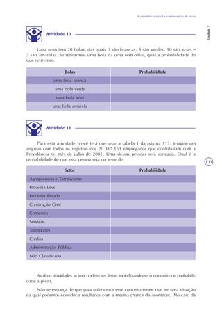 A previdência social e a mensuração de riscos
Unidade7
131
Atividade 10
Uma urna tem 20 bolas, das quais 3 são brancas, 5 são verdes, 10 são azuis e
2 são amarelas. Se retirarmos uma bola da urna sem olhar, qual a probabilidade de
que retiremos:
Bolas
uma bola branca
uma bola verde
uma bola azul
uma bola amarela
Probabilidade
Atividade 11
Para esta atividade, você terá que usar a tabela 1 da página 113. Imagine um
arquivo com todos os registros dos 20.317.163 empregados que contribuíam com a
Previdência no mês de julho de 2001. Uma dessas pessoas será sorteada. Qual é a
probabilidade de que essa pessoa seja do setor de:
As duas atividades acima podem ser feitas mobilizando-se o conceito de probabili-
dade a priori.
Não se esqueça de que para utilizarmos esse conceito temos que ter uma situação
na qual podemos considerar resultados com a mesma chance de acontecer. No caso da
ProbabilidadeSetor
Agropecuária e Extrativismo
Indústria Leve
Indústria Pesada
Construção Civil
Comércio
Serviços
Transportes
Crédito
Administração Pública
Não Classificado
 