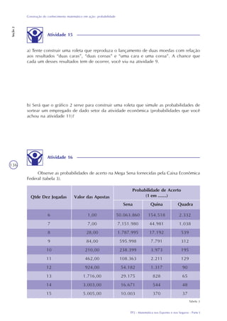 TP2 - Matemática nos Esportes e nos Seguros - Parte I
Construção do conhecimento matemático em ação: probabilidade
Seção2
136
Atividade 15
a) Tente construir uma roleta que reproduza o lançamento de duas moedas com relação
aos resultados “duas caras”, “duas coroas” e “uma cara e uma coroa”. A chance que
cada um desses resultados tem de ocorrer, você viu na atividade 9.
b) Será que o gráfico 2 serve para construir uma roleta que simule as probabilidades de
sortear um empregado de dado setor da atividade econômica (probabilidades que você
achou na atividade 11)?
Atividade 16
Observe as probabilidades de acerto na Mega Sena fornecidas pela Caixa Econômica
Federal (tabela 3).
Qtde Dez Jogadas Valor das Apostas
Sena
Probabilidade de Acerto
(1 em .......)
Quina Quadra
6
7
8
9
10
11
12
13
14
15
1,00
7,00
28,00
84,00
210,00
462,00
924,00
1.716,00
3.003,00
5.005,00
50.063.860
7.151.980
1.787.995
595.998
238.399
108.363
54.182
29.175
16.671
10.003
154.518
44.981
17.192
7.791
3.973
2.211
1.317
828
544
370
2.332
1.038
539
312
195
129
90
65
48
37
Tabela 3
 