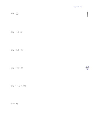 Seguros de vida
Unidade8
185
a)
b) y = - 3 - 8x
c) y = 5,3 + 6x
d) y = 10x - 65
e) y = - 6,2 + 3,1x
f) y = 4x
 
