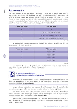 TP2 - Matemática nos Esportes e nos Seguros - Parte I
Construção do conhecimento matemático em ação: modelos
matemáticos, funções lineares e exponenciais, juros e valor esperado
Seção2
190
Juros compostos
Quando o dinheiro é aplicado a juros compostos, os juros obtidos a cada novo período
são incorporados ao capital, formando um novo montante que passará a participar da
geração de juros no período seguinte (conforme vimos na Unidade 4 do TP 1). Dessa
forma, os juros incidem não apenas sobre o capital inicial, mas também sobre os juros
que vão sendo acumulados. Por exemplo, se temos 100 reais aplicados à taxa de juros
de 3% ao mês, esses 100 reais crescem da seguinte forma (tabela 8):
Tempo (em meses)
0
1
2
3
Valor (em reais)
100
100 + (3% de 100) = 103
103 + (3% de 103) = 106,09
106,09 + (3% de 106,09) = 109,27
Tabela 8
Se dividirmos o valor de um mês pelo valor do mês anterior, vemos que o fator de
crescimento é de 1,03 (tabela 9):
Tempo (em meses)
0
1
2
3
Valor (em reais)
100 (1,03)0
100 (1,03)1
100 (1,03)2
100 (1,03)3
Tabela 9
Esse número (1 + taxa) pelo qual devemos multiplicar um valor para obter o valor
do período seguinte é chamado fator de capitalização.
Articulando conhecimentos:
Juros compostos e funções exponenciais
No sistema de juros compostos, o valor em dinheiro cresce exponencialmente. O
fator de crescimento da função exponencial é o equivalente, no contexto dos juros
compostos, ao fator de capitalização.
A operação de multiplicar uma quantia de dinheiro pelo fator de capitalização
sucessivas vezes para saber seu valor em períodos futuros se chama capitalizar.
Do mesmo modo, para saber a quanto equivale hoje uma quantia de dinheiro
futura, devemos fazer a operação inversa, isto é, dividir pelo fator de capitalização
sucessivas vezes. Essa operação se chama descapitalizar.
Na atividade 2 da situação-problema desta unidade você teve que descapitalizar o
valor de R$1.997.000,00 por um período (um ano), considerando uma taxa de 10% ao
ano. O resultado foi:
 