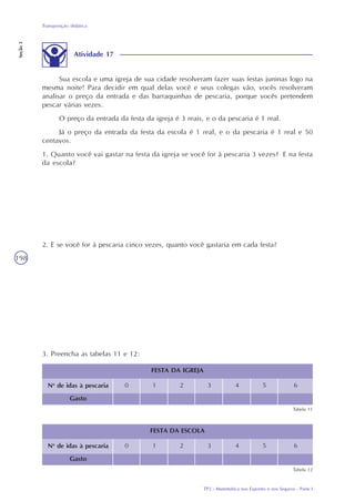 TP2 - Matemática nos Esportes e nos Seguros - Parte I
Transposição didática
Seção3
198
Atividade 17
Sua escola e uma igreja de sua cidade resolveram fazer suas festas juninas logo na
mesma noite! Para decidir em qual delas você e seus colegas vão, vocês resolveram
analisar o preço da entrada e das barraquinhas de pescaria, porque vocês pretendem
pescar várias vezes.
O preço da entrada da festa da igreja é 3 reais, e o da pescaria é 1 real.
Já o preço da entrada da festa da escola é 1 real, e o da pescaria é 1 real e 50
centavos.
1. Quanto você vai gastar na festa da igreja se você for à pescaria 3 vezes? E na festa
da escola?
2. E se você for à pescaria cinco vezes, quanto você gastaria em cada festa?
3. Preencha as tabelas 11 e 12:
No
de idas à pescaria
Gasto
6543210
FESTA DA IGREJA
Tabela 11
No
de idas à pescaria
Gasto
6543210
FESTA DA ESCOLA
Tabela 12
 