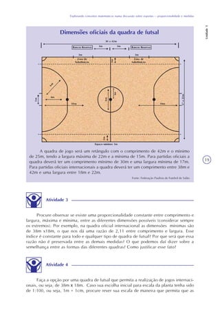 Explorando conceitos matemáticos numa discussão sobre esportes – proporcionalidade e medidas
Unidade5
19
Dimensões oficiais da quadra de futsal
A quadra de jogo será um retângulo com o comprimento de 42m e o mínimo
de 25m, tendo a largura máxima de 22m e a mínima de 15m. Para partidas oficiais a
quadra deverá ter um comprimento mínimo de 30m e uma largura mínima de 17m.
Para partidas oficiais internacionais a quadra deverá ter um comprimento entre 38m e
42m e uma largura entre 18m e 22m.
Fonte: Federação Paulista de Futebol de Salão
Atividade 3
Procure observar se existe uma proporcionalidade constante entre comprimento e
largura, máxima e mínima, entre as diferentes dimensões possíveis (considerar sempre
os extremos). Por exemplo, na quadra oficial internacional as dimensões mínimas são
de 38m x18m, o que nos dá uma razão de 2,11 entre comprimento e largura. Esse
índice é constante para todo e qualquer tipo de quadra de futsal? Por que será que essa
razão não é preservada entre as demais medidas? O que podemos daí dizer sobre a
semelhança entre as formas das diferentes quadras? Como justificar esse fato?
Atividade 4
Faça a opção por uma quadra de futsal que permita a realização de jogos internaci-
onais, ou seja, de 38m x 18m. Caso sua escolha inicial para escala da planta tenha sido
de 1:100, ou seja, 1m = 1cm, procure rever sua escala de maneira que permita que as
 