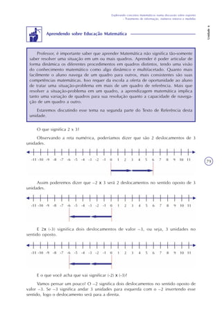 Explorando conceitos matemáticos numa discussão sobre esportes
- Tratamento de informação, números inteiros e medidas
Unidade6
79
Professor, é importante saber que aprender Matemática não significa tão-somente
saber resolver uma situação em um ou mais quadros. Aprender é poder articular de
forma dinâmica os diferentes procedimentos em quadros distintos, tendo uma visão
do conhecimento matemático como algo dinâmico e multifacetado. Quanto mais
facilmente o aluno navega de um quadro para outros, mais consistentes são suas
competências matemáticas. Isso requer da escola a oferta de oportunidade ao aluno
de tratar uma situação-problema em mais de um quadro de referência. Mais que
resolver a situação-problema em um quadro, a aprendizagem matemática implica
tanto uma variação de quadros para sua resolução quanto a capacidade de navega-
ção de um quadro a outro.
Estaremos discutindo esse tema na segunda parte do Texto de Referência desta
unidade.
Aprendendo sobre Educação Matemática
O que significa 2 x 3?
Observando a reta numérica, poderíamos dizer que são 2 deslocamentos de 3
unidades.
Assim poderemos dizer que –2 x 3 será 2 deslocamentos no sentido oposto de 3
unidades.
E 2x (-3) significa dois deslocamentos de valor –3, ou seja, 3 unidades no
sentido oposto.
E o que você acha que vai significar (-2) x (-3)?
Vamos pensar um pouco! O –2 significa dois deslocamentos no sentido oposto de
valor –3. Se –3 significa andar 3 unidades para esquerda com o –2 invertendo esse
sentido, logo o deslocamento será para a direita.
 