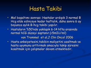 Hasta Takibi Mol boşaltımı sonrası: Hastalar ardışık 3 normal B Hcg elde edinceye kadar haftalık, daha sonra 6 ay boyunca aylık B-hcg takibi yapılır. Hastaların %50’nde yaklaşık 6-14 hfta arasında normal hCG düzeyi saptanır.(<5mIU/ml) van Trommel  et al,J Clin Oncol 2006   Hasta anksiyetesini,takibin maliyetini azaltmak ve hasta uyumunu arttırmak amacıyla takip süresini kısaltmak için çalışmalar devam etmektedir. 
