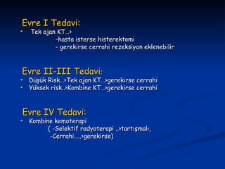 Evre I Tedavi: Tek ajan KT…> -hasta isterse histerektomi  - gerekirse cerrahi rezeksiyon eklenebilir Evre II-III Tedavi : Düşük Risk…>Tek ajan KT…>gerekirse cerrahi Yüksek risk..>Kombine KT…>gerekirse cerrahi Evre IV Tedavi: Kombine kemoterapi  ( -Selektif radyoterapi ..>tartışmalı,  -Cerrahi…..>gerekirse) 