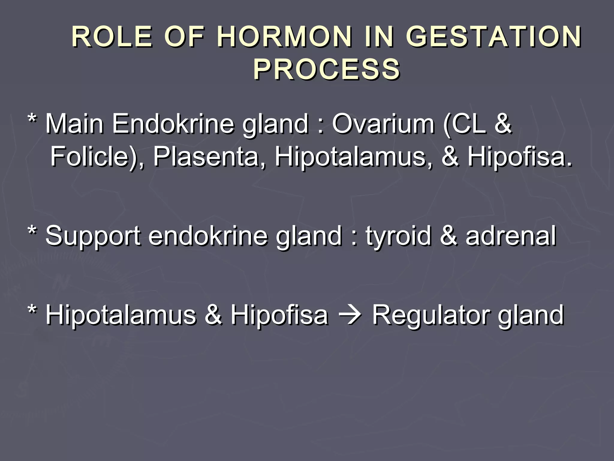 ROLE OF HORMON IN GESTATIONROLE OF HORMON IN GESTATION
PROCESSPROCESS
* Main Endokrine gland : Ovarium (CL &* Main Endokrine gland : Ovarium (CL &
Folicle), Plasenta, Hipotalamus, & Hipofisa.Folicle), Plasenta, Hipotalamus, & Hipofisa.
* Support endokrine gland : tyroid & adrenal* Support endokrine gland : tyroid & adrenal
* Hipotalamus & Hipofisa* Hipotalamus & Hipofisa  Regulator glandRegulator gland
 