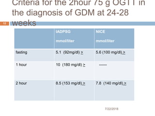 Criteria for the 2hour 75 g OGTT in
the diagnosis of GDM at 24-28
weeks
7/22/2018
12
IADPSG
mmol/liter
NICE
mmol/liter
fasting 5.1 (92mg/dl) > 5.6 (100 mg/dl) >
1 hour 10 (180 mg/dl) > ------
2 hour 8.5 (153 mg/dl) > 7.8 (140 mg/dl) >
 