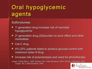 Oral hypoglycemicOral hypoglycemic
agentsagents
SulfonylureasSulfonylureas
 11stst
generation drug increase risk of neonatalgeneration drug increase risk of neonatal
hypoglycemiahypoglycemia
 22ndnd
generation drug (Glyburide) no such effect and othergeneration drug (Glyburide) no such effect and other
morbiditiesmorbidities
 Cat C drugCat C drug
 4%-20% patients failed to achieve glucose control with4%-20% patients failed to achieve glucose control with
maximum dose of drugmaximum dose of drug
 Increase risk of preeclampsia and need for phototherapyIncrease risk of preeclampsia and need for phototherapy
Langer, N Eng Med J , 2000. Kremer, Am J Obst Gynaecol, 2004. Chmait, J Perinatol ,2004.Langer, N Eng Med J , 2000. Kremer, Am J Obst Gynaecol, 2004. Chmait, J Perinatol ,2004.
Langer, Am J Obst Gynaecol, 2005Langer, Am J Obst Gynaecol, 2005
 