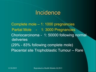 Incidence
Complete mole – 1: 1000 pregnancies
Partial Mole - 1: 3000 Pregnancies
Choriocarcinoma - 1: 50000 following normal
deliveries
(29% - 83% following complete mole)
Placental site Trophoblastic Tumour – Rare
11/26/2019 Reproductive Health Module AL2013
 