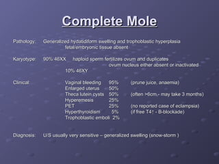 Complete Mole
Complete Mole
Pathology:
Pathology: Generalized hydatidiform swelling and trophoblastic hyperplasia
Generalized hydatidiform swelling and trophoblastic hyperplasia
fetal/embryonic tissue absent
fetal/embryonic tissue absent
Karyotype:
Karyotype: 90% 46XX haploid sperm fertilizes ovum and duplicates
90% 46XX haploid sperm fertilizes ovum and duplicates
ovum nucleus either absent or inactivated
ovum nucleus either absent or inactivated
10% 46XY
10% 46XY
Clinical:
Clinical: Vaginal bleeding
Vaginal bleeding 95%
95% (prune juice, anaemia)
(prune juice, anaemia)
Enlarged uterus
Enlarged uterus 50%
50%
Theca lutein cysts
Theca lutein cysts 50%
50% (often >6cm.- may take 3 months)
(often >6cm.- may take 3 months)
Hyperemesis
Hyperemesis 25%
25%
PET
PET 25%
25% (no reported case of eclampsia)
(no reported case of eclampsia)
Hyperthyroidism
Hyperthyroidism 5%
5% (if free T4
(if free T4↑ - B-blockade)
↑ - B-blockade)
Trophoblastic emboli 2%
Trophoblastic emboli 2%
Diagnosis:
Diagnosis: U/S usually very sensitive – generalized swelling (snow-storm )
U/S usually very sensitive – generalized swelling (snow-storm )
 