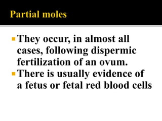  They   occur, in almost all
  cases, following dispermic
  fertilization of an ovum.
 There is usually evidence of
  a fetus or fetal red blood cells
 
