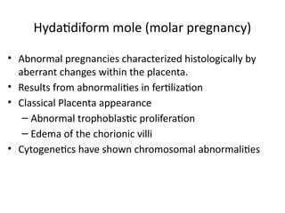 Hydatidiform mole (molar pregnancy)
• Abnormal pregnancies characterized histologically by
aberrant changes within the placenta.
• Results from abnormalities in fertilization
• Classical Placenta appearance
– Abnormal trophoblastic proliferation
– Edema of the chorionic villi
• Cytogenetics have shown chromosomal abnormalities
 