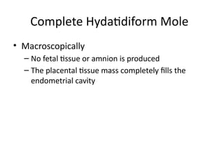 • Macroscopically
– No fetal tissue or amnion is produced
– The placental tissue mass completely fills the
endometrial cavity
Complete Hydatidiform Mole
 