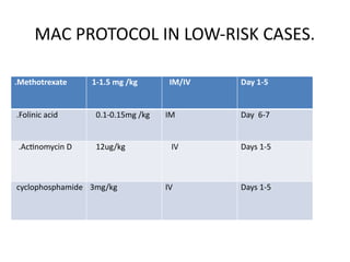 MAC PROTOCOL IN LOW-RISK CASES.
.Methotrexate 1-1.5 mg /kg IM/IV Day 1-5
.Folinic acid 0.1-0.15mg /kg IM Day 6-7
.Actinomycin D 12ug/kg IV Days 1-5
cyclophosphamide 3mg/kg IV Days 1-5
 