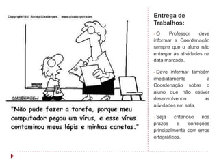 Entrega de
Trabalhos:
- O    Professor     deve
informar a Coordenação
sempre que o aluno não
entregar as atividades na
data marcada.

-Deve informar também
imediatamente        a
Coordenação sobre o
aluno que não estiver
desenvolvendo       as
atividades em sala.

-Seja     criterioso    nos
prazos     e      correções
principalmente com erros
ortográficos.
 