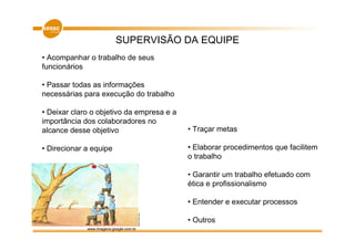 SUPERVISÃO DA EQUIPE
• Acompanhar o trabalho de seus
funcionários

• Passar todas as informações
necessárias para execução do trabalho

• Deixar claro o objetivo da empresa e a
importância dos colaboradores no
alcance desse objetivo                     • Traçar metas

• Direcionar a equipe                      • Elaborar procedimentos que facilitem
                                           o trabalho

                                           • Garantir um trabalho efetuado com
                                           ética e profissionalismo

                                           • Entender e executar processos

                                           • Outros
             www.imagens.google.com.br
 
