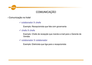 COMUNICAÇÃO

- Comunicação no hotel

             colaborador X chefe
              Exemplo: Recepcionista que fala com governanta
             chefe X chefe
              Exemplo: Chefe de recepção que manda e-mail para o Gerente de
              Vendas
             colaborador X colaborador
              Exemplo: Eletricista que liga para o recepcionista
 
