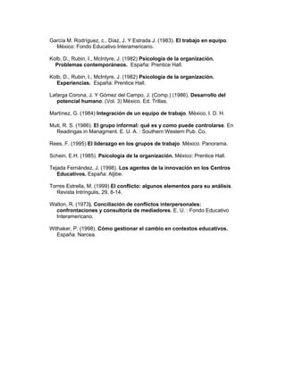 García M. Rodríguez, c., Díaz, J. Y Estrada J. (1983). El trabajo en equipo.
  México: Fondo Educativo Interamericano.

Kolb, D., Rubin, I., McIntyre, J. (1982) Psicología de la organización.
  Problemas contemporáneos. España: Prentice Hall.

Kolb, D., Rubin, I., McIntyre, J. (1982) Psicología de la organización.
   Experiencias. España: Prentice Hall.

Lafarga Corona, J. Y Gómez del Campo, J. (Comp.) (1986). Desarrollo del
   potencial humano. (Vol. 3) México. Ed. Trillas.

Martínez, G. (1984) Integración de un equipo de trabajo. México, I. D. H.

Muti, R. S. (1986). El grupo informal: qué es y como puede controlarse. En
  Readingas in Managment. E. U. A. : Southern Western Pub. Co.

Rees, F. (1995) El liderazgo en los grupos de trabajo. México. Panorama.

Schein, E.H. (1985). Psicología de la organización. México: Prentice Hall.

Tejada Fernández, J. (1998). Los agentes de la innovación en los Centros
   Educativos. España: Aljibe.

Torres Estrella, M. (1999) El conflicto: algunos elementos para su análisis.
   Revista Intríngulis, 29, 8-14.

Walton, R. (1973). Conciliación de conflictos interpersonales:
  confrontaciones y consultoría de mediadores. E. U. : Fondo Educativo
  Interamericano.

Withaker, P. (1998). Cómo gestionar el cambio en contextos educativos.
   España: Narcea.
 