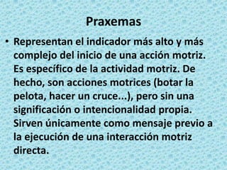 PraxemasRepresentan el indicador más alto y más complejo del inicio de una acción motriz. Es específico de la actividad motriz. De hecho, son acciones motrices (botar la pelota, hacer un cruce...), pero sin una significación o intencionalidad propia. Sirven únicamente como mensaje previo a la ejecución de una interacción motriz directa. 