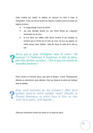 15
Cette lumière fait "parler" le tableau en donnant du sens à toute la
composition. C’est une clé de lecture de l’œuvre. Lumière douce et lunaire qui
baigne et anime…
 le visage plongé à terre du Christ ;
 ses bras allongés devant Lui, ses mains lâches qui s’appuient
doucement sur la terre ;
 le mur blanc qui reflète cette douce lumière et qui souligne ce
moment que le Christ est en train de vivre. Ce mur qui sépare, en
même temps, deux réalités : celle de Jésus et celle de la ville au
loin.
Est-ce que je peux m’imaginer dans la scène ? Où
serais-je ? À l’intérieur, à l’extérieur, à côté de Jésus,
plus loin, derrière un arbre… ? Est-ce que j’en ressens de
nouvelles émotions ?
Perov montre ici l’homme Jésus, seul dans la douleur, à terre. Physiquement
détendu ou abandonné, sans défense. Celui qui observe la scène est impliqué
dans le tableau.
Jésus est-il conscient de ma présence ? (Me) dit-Il
quelque chose ou fait-Il quelque chose? J’écoute, je
l’écoute…Entends-je sa prière (vers le Père ou vers
moi) ? Je lui parle… Je le regarde….
Observez maintenant l’ombre de l’arbre sur la droite de Jésus.
?
?
 